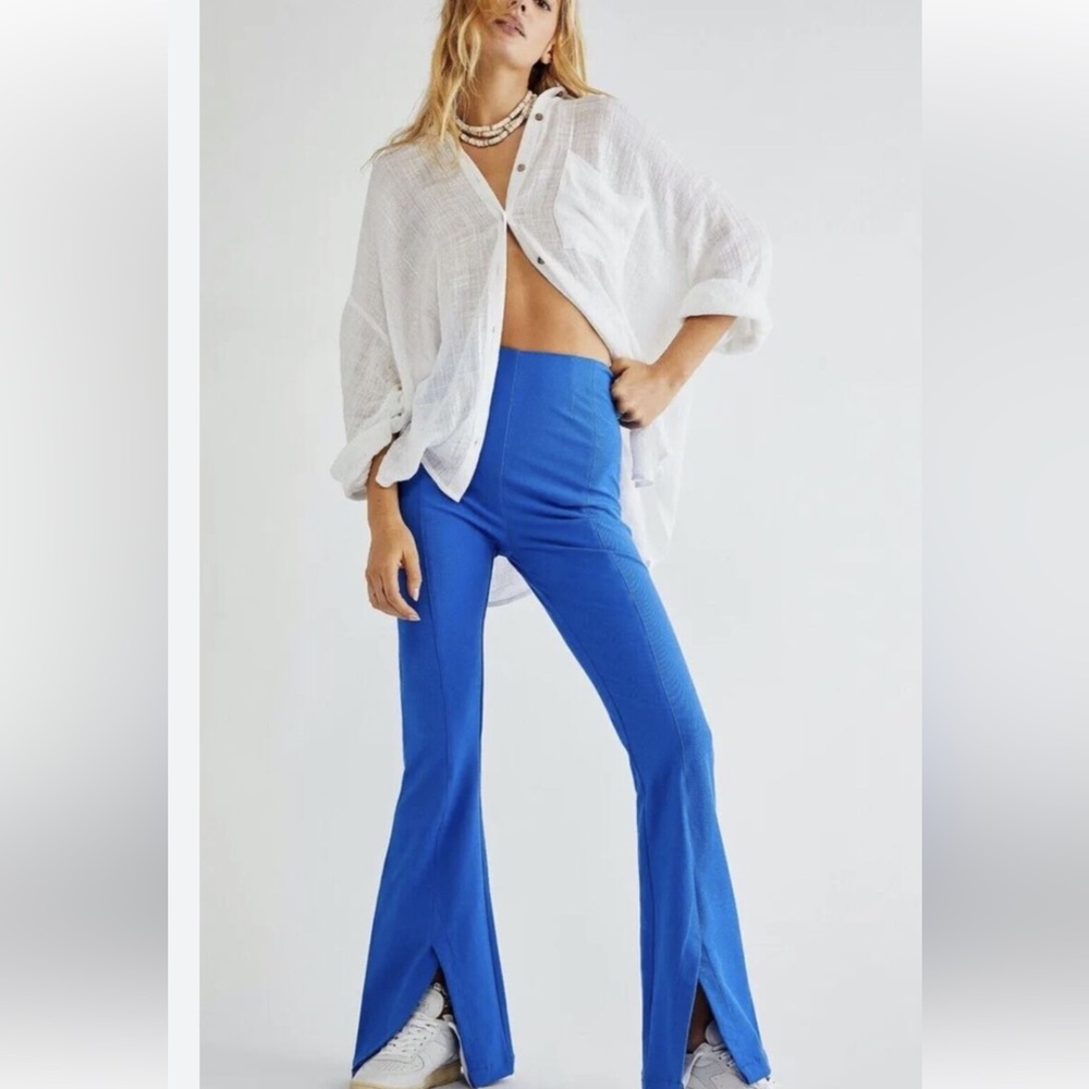 NWT Free People Real Deal Slit Pants Blue Split Flare